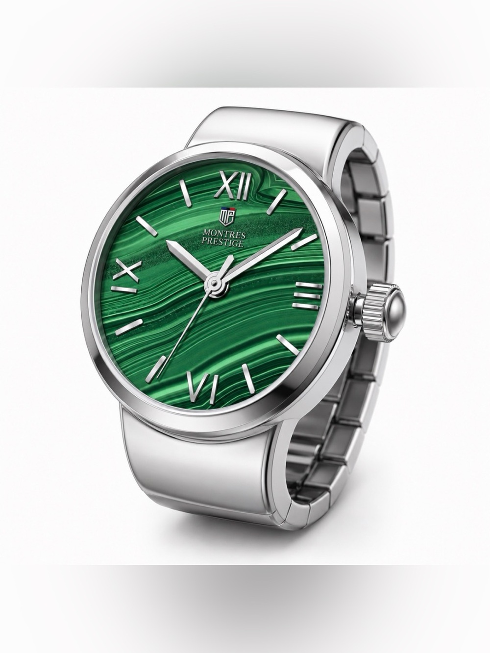 Montres Prestige Silver Mini Ring Watch with Green Unique Dial